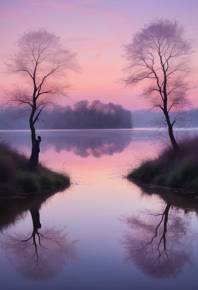 A serene and evocative landscape featuring a solitary figure immersed in writing by a lakeside at dawn, with gentle ripples reflecting the soft hues of a pink and purple sky. Surrounding the figure are swirling wisps of poetry, illustrated as flowing ribbons in the air, symbolizing Akhmatova's lyrical essence. In the background, faint outlines of historical architecture evoke a sense of nostalgia. surrealistic, soft pastels, ethereal ambiance.