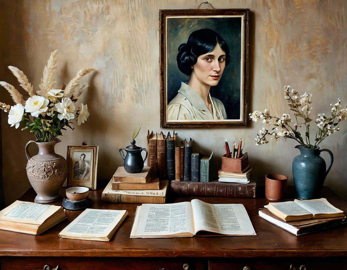 A vintage-style study filled with books and papers, featuring a portrait of Anna Akhmatova surrounded by her poetry and a soft glowing light. Include a quill and ink pot on a wooden desk, with delicate floral motifs in the background representing the themes of her works. A sense of nostalgia and depth is evoked through muted colors and soft textures. painting. muted colors. vintage style.