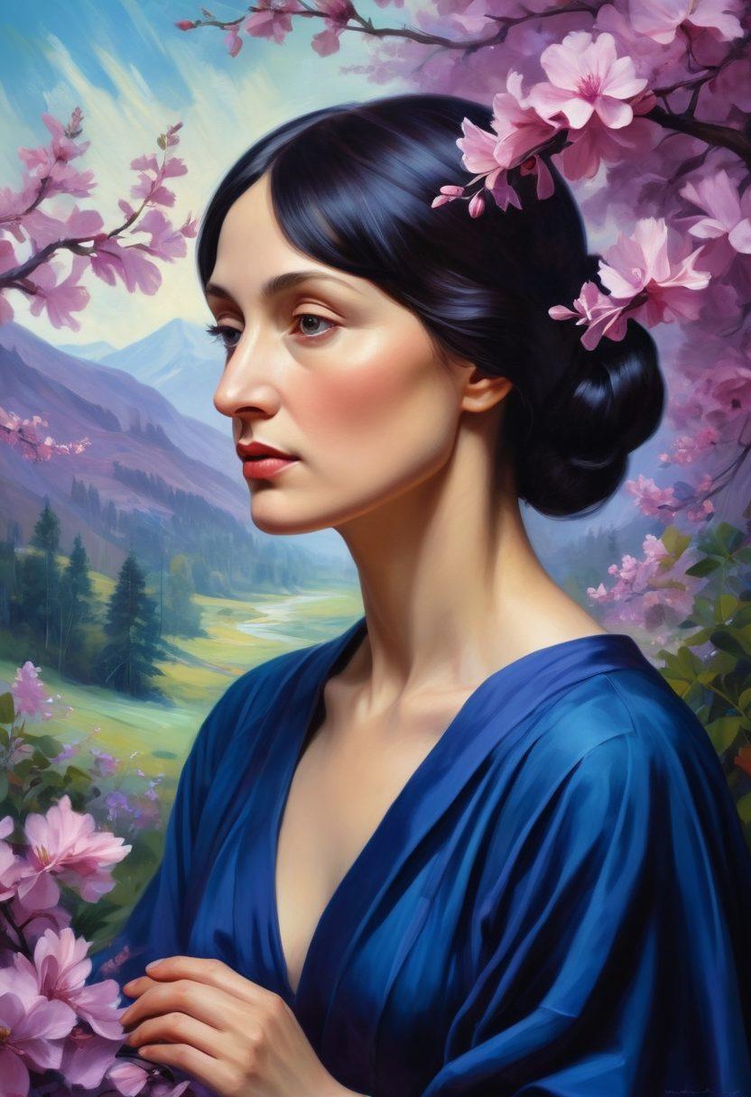 A portrait of Anna Akhmatova, nestled in a serene, dreamy landscape, surrounded by softly drifting pages of her poetry. The atmosphere is imbued with an ethereal glow, capturing the essence of modernist literature. Flowers symbolizing femininity blossom around her, while abstract shapes represent her influence on literary figures. The color palette is rich with deep blues and purples, evoking a sense of introspection and emotion. super-realistic. vibrant colors. painterly background.